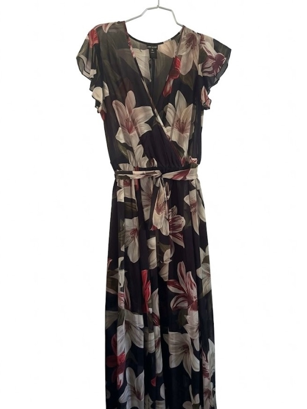Navy Blue Floral Wrap Maxi Dress with Cream & Pink Blooms
